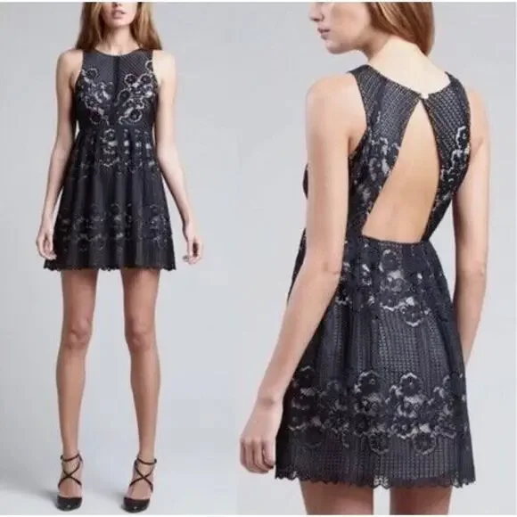 Free People Women's Chic Mini Black Rocco Dress Laced A line Open Back Sz 12 - Picture 1 of 12